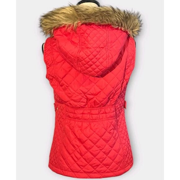 C'ESTTOI Womens Sz M Hooded Puffer Vest Detachable Faux Fur Hood Pink/Orange - Picture 2 of 7